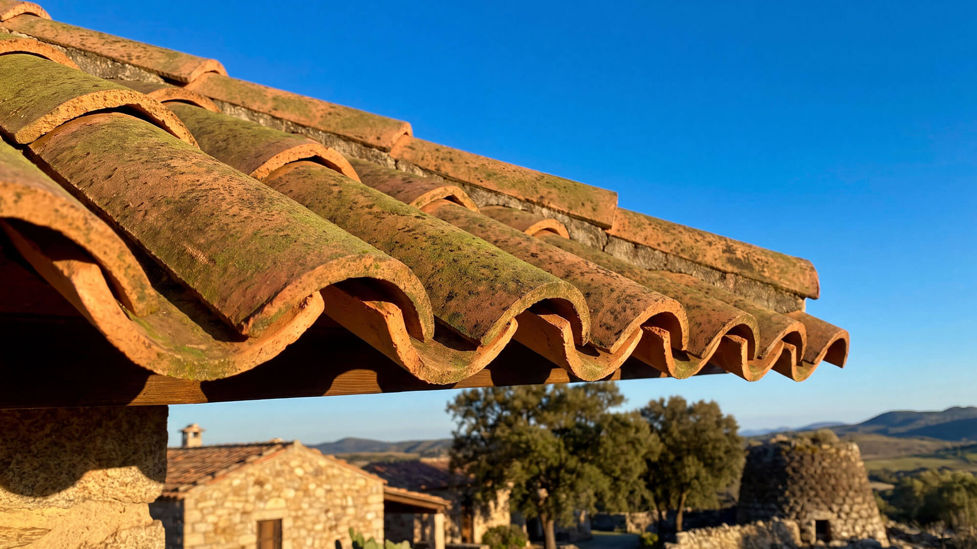 Coppo Sardo Rosso Anticato E31M1 — copertura in cotto vista dalla gronda
